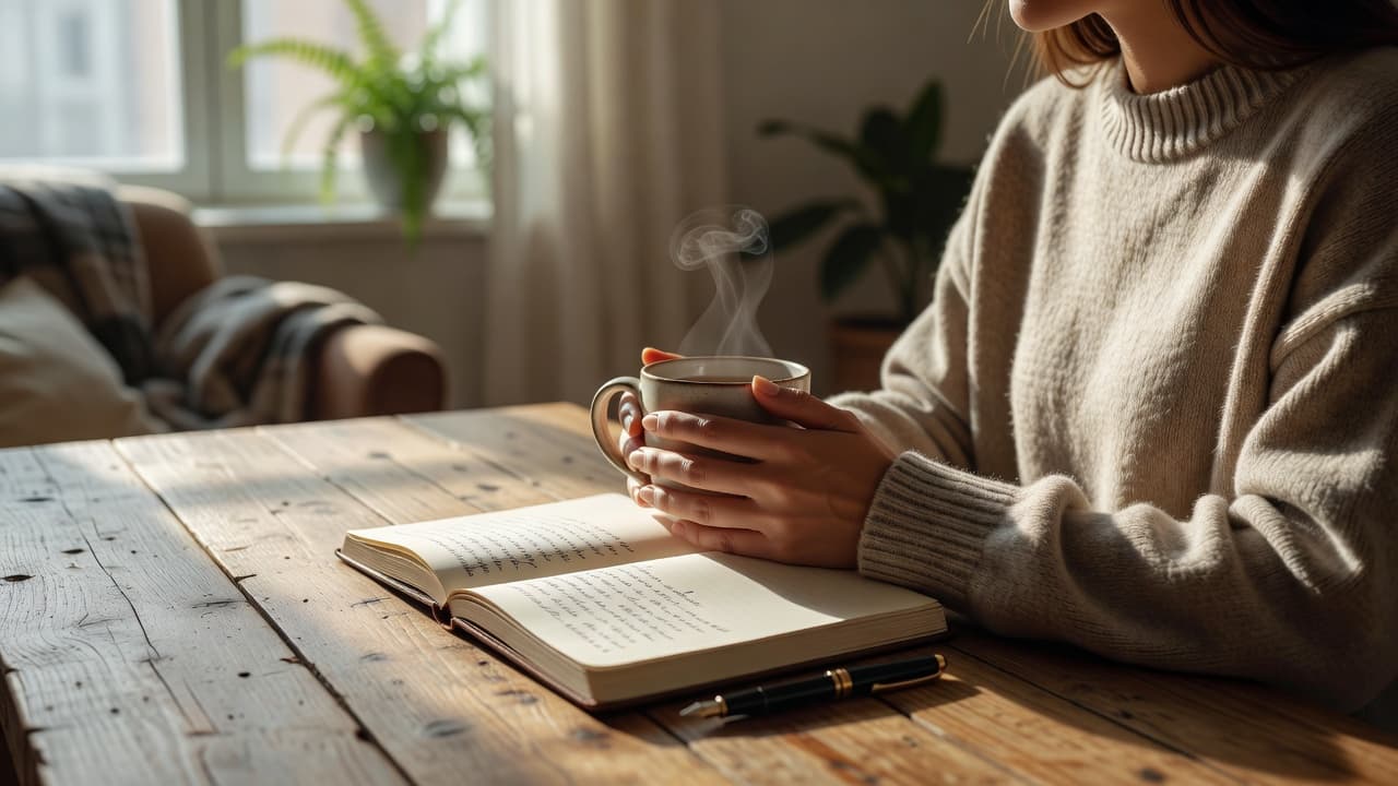An open journal and a warm cup of tea rest on a wooden table in morning sunlight.