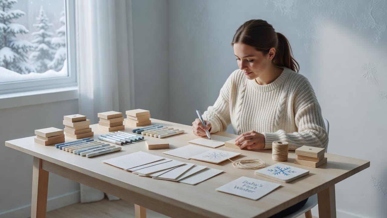 A craft station with wooden blocks and markers on a table in a bright room.