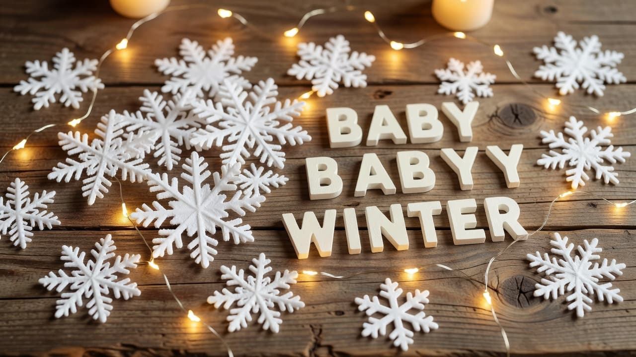 Handmade paper snowflakes and wooden letters decorated with fairy lights on a rustic wooden table.