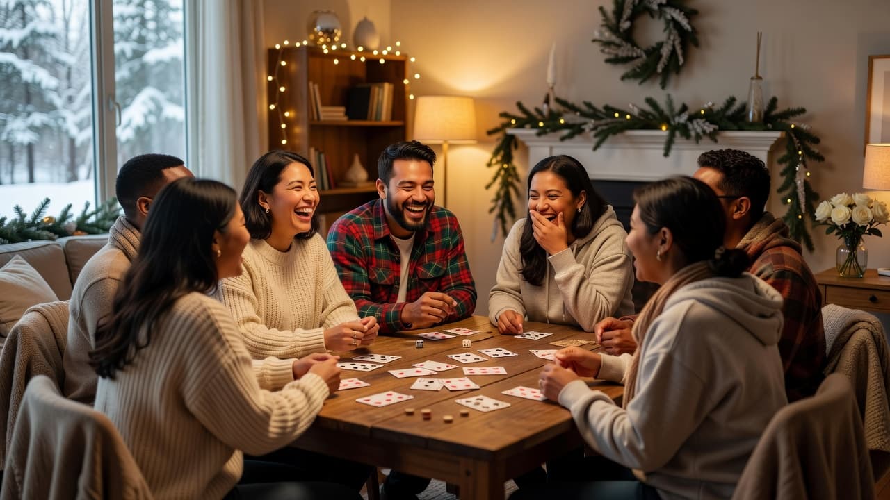 People laughing and playing a game together at an indoor winter party.