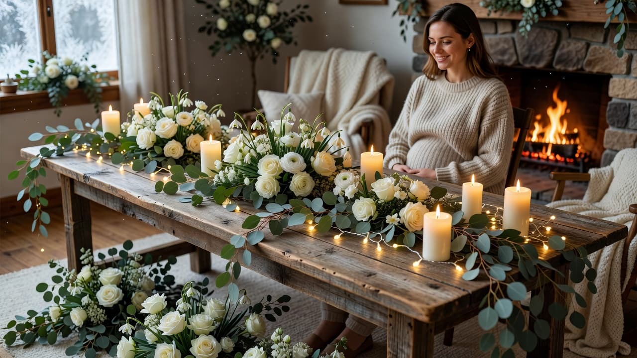 A rustic wooden table decorated with white flowers and eucalyptus for a baby shower.
