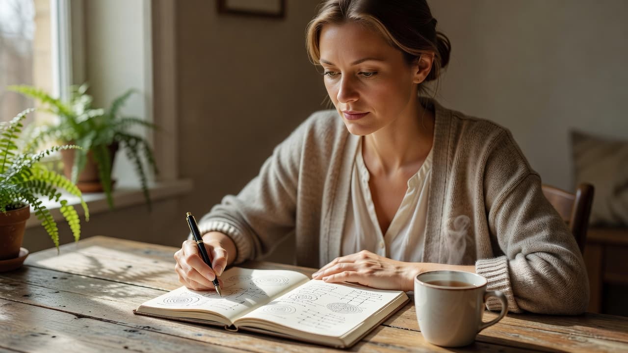 A woman writing in her journal at a sunlit wooden table.
