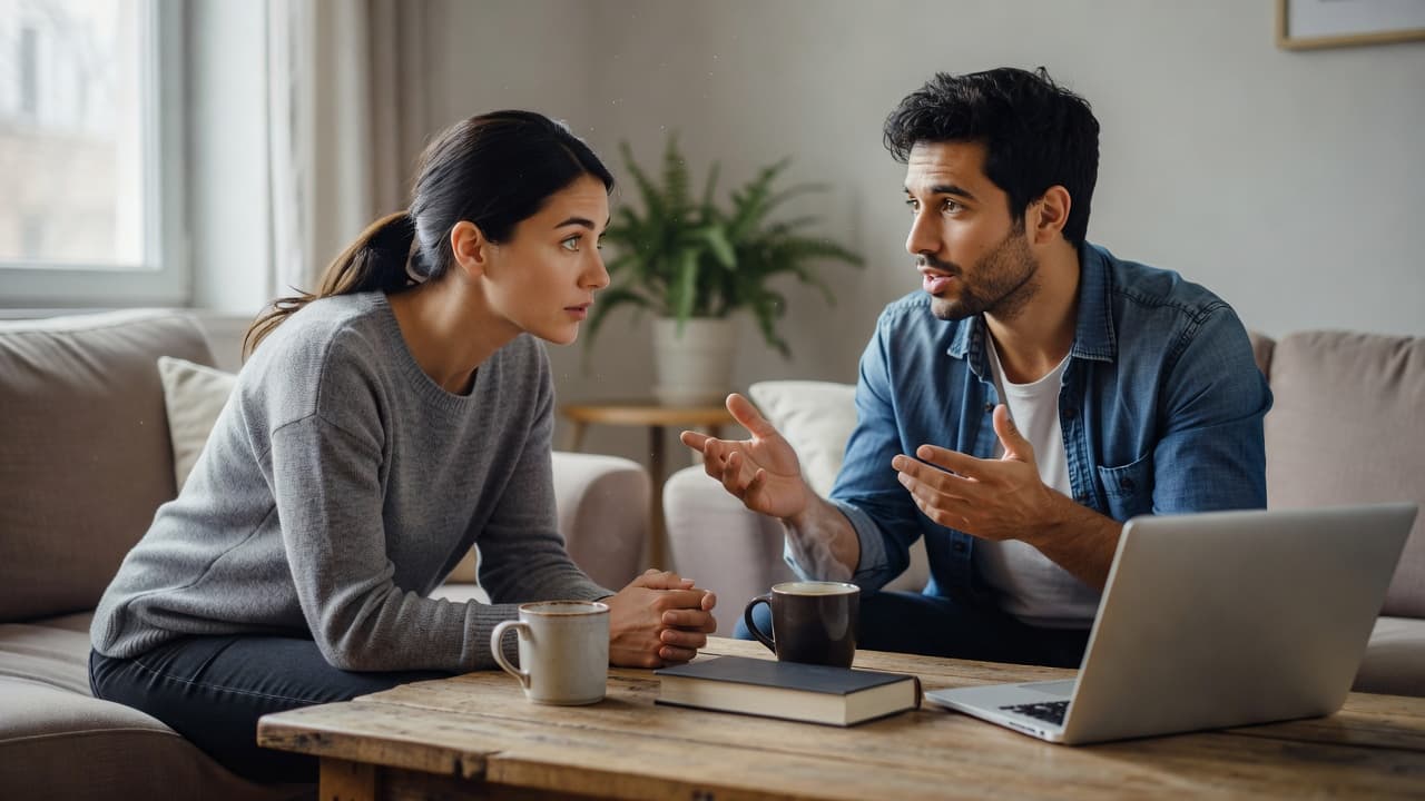 A woman closely observing a man speaking across a coffee table.
