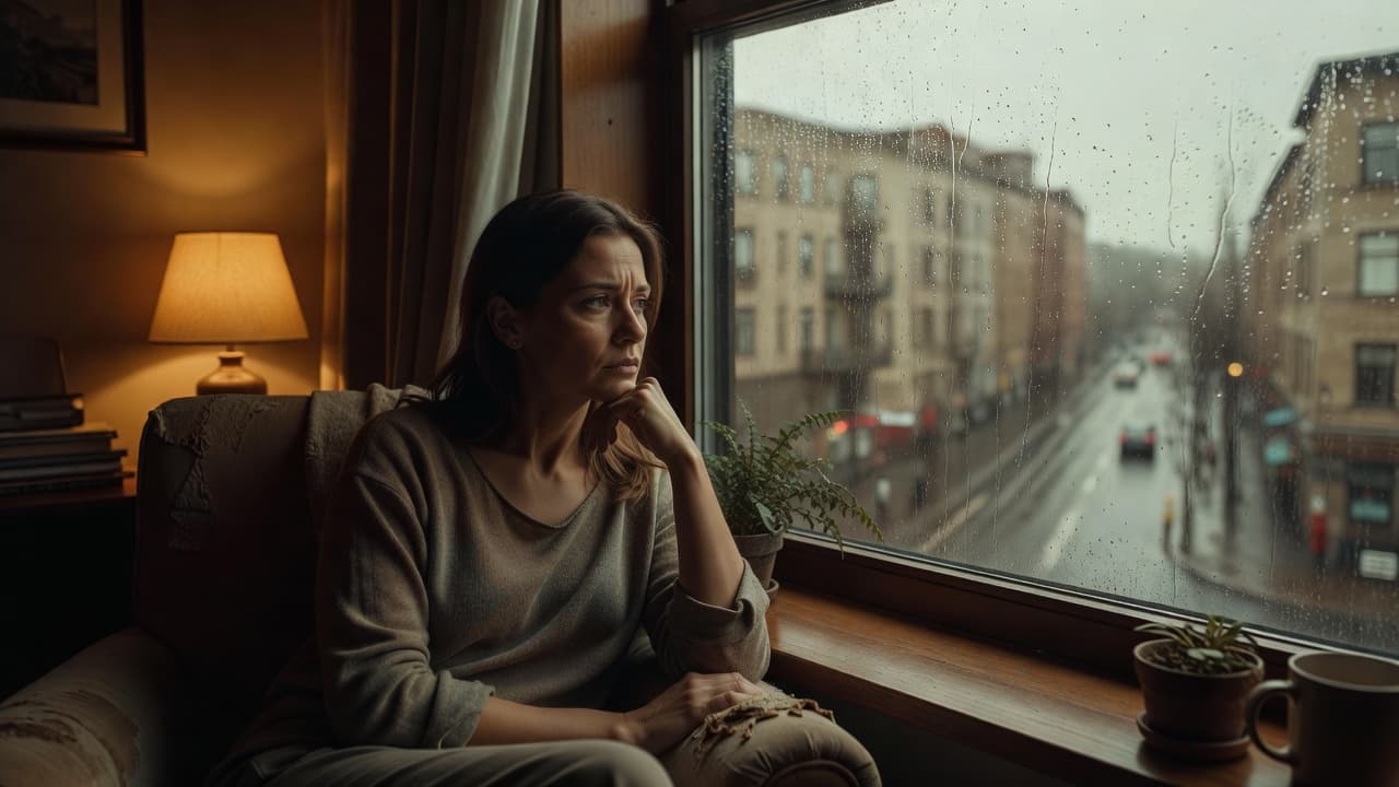 A woman looking out a rainy apartment window in warm indoor light.