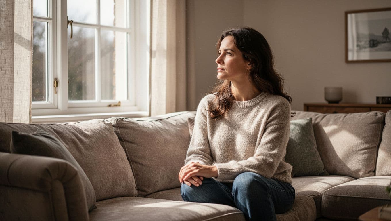 A woman sits on a sofa, quietly looking out a sunlit window.