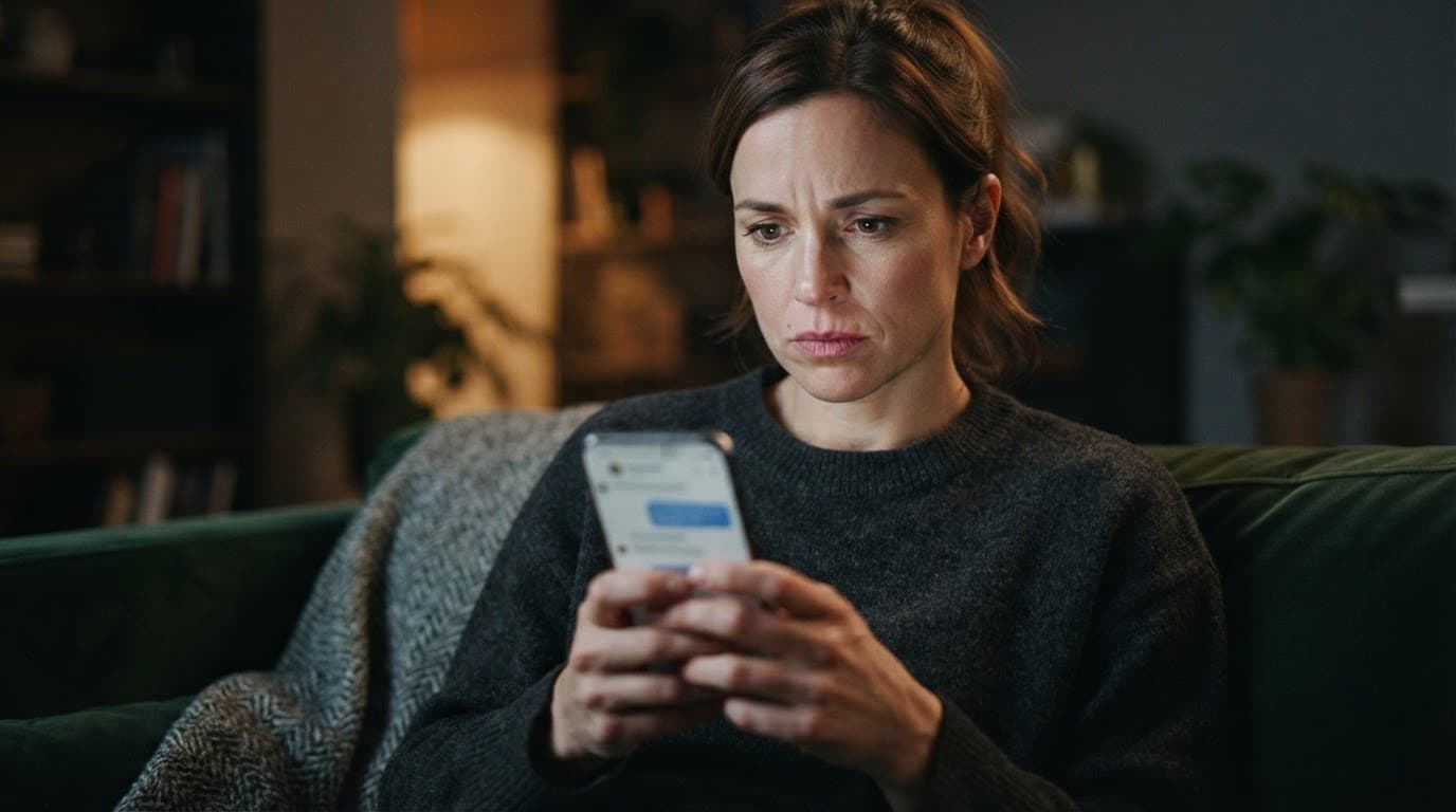 A worried person looking at a smartphone in a dim living room.