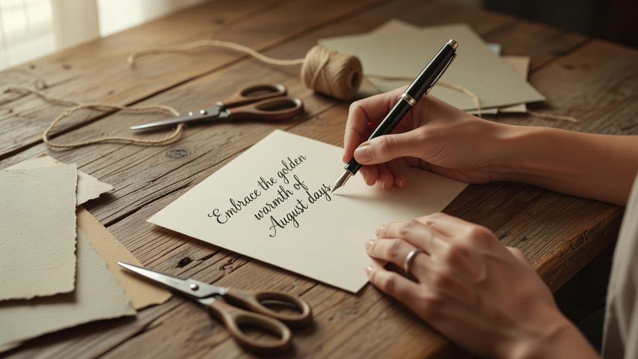 Close-up of a person writing on a greeting card at a wooden table in soft light.