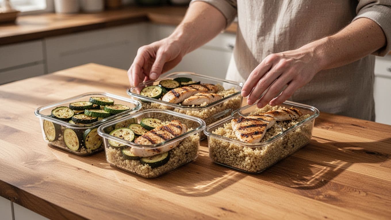 Meal prep containers hold zucchini, grilled chicken, and quinoa on a wooden kitchen counter.