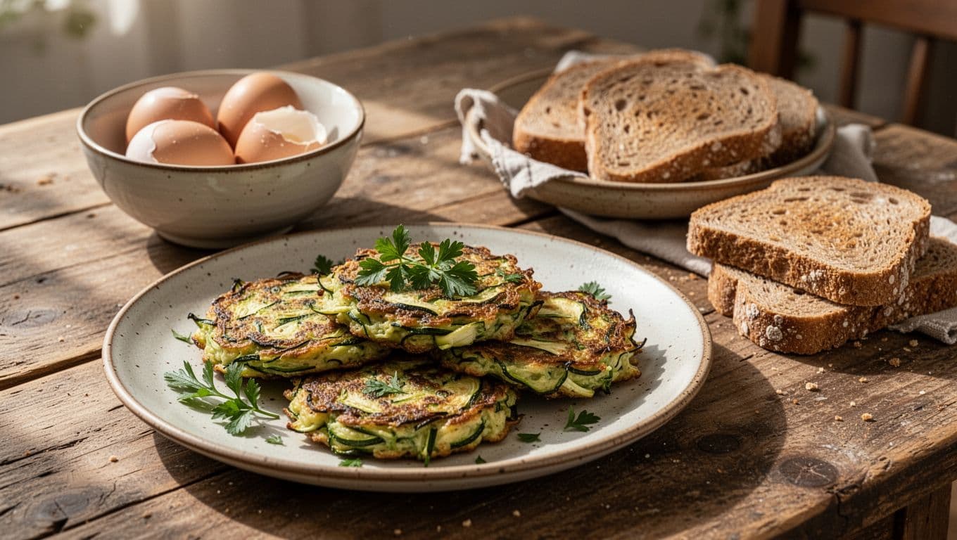 Zucchini fritters with herbs, eggs, and whole grain toast on a rustic table.