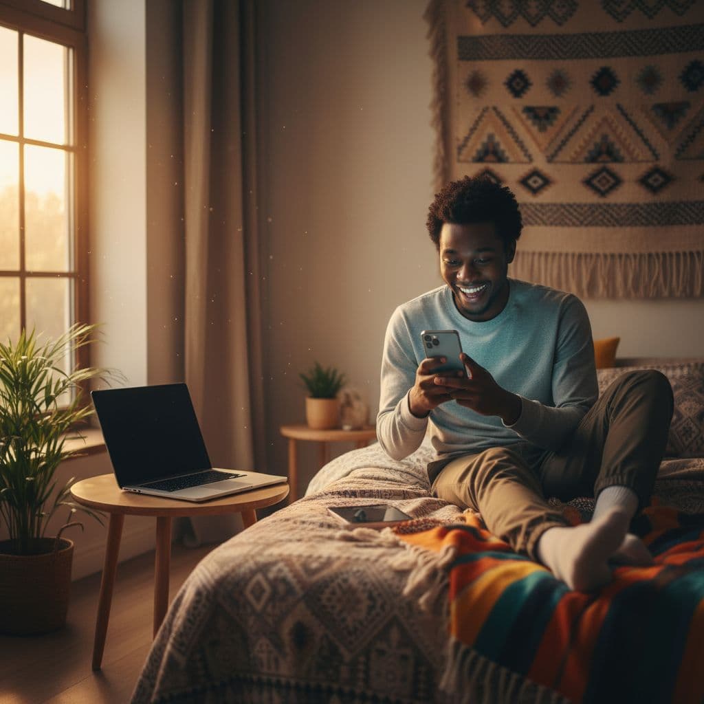 A relaxed African student sits on a bed in a simple bedroom, checking smartphone notifications for freelance opportunities with a laptop nearby, bathed in soft evening light.