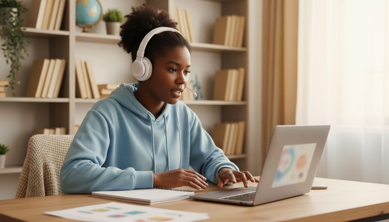 A young African student tutors via video call on a laptop, sitting at a desk with notebook and headset in a bright room with bookshelves and warm lighting.