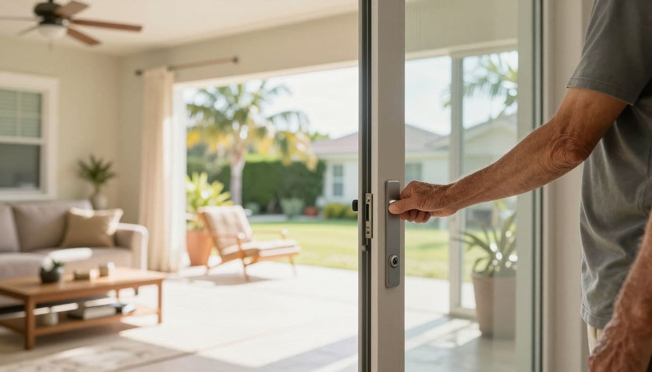 Older homeowner using an easy-grip handle on a sliding glass patio door.