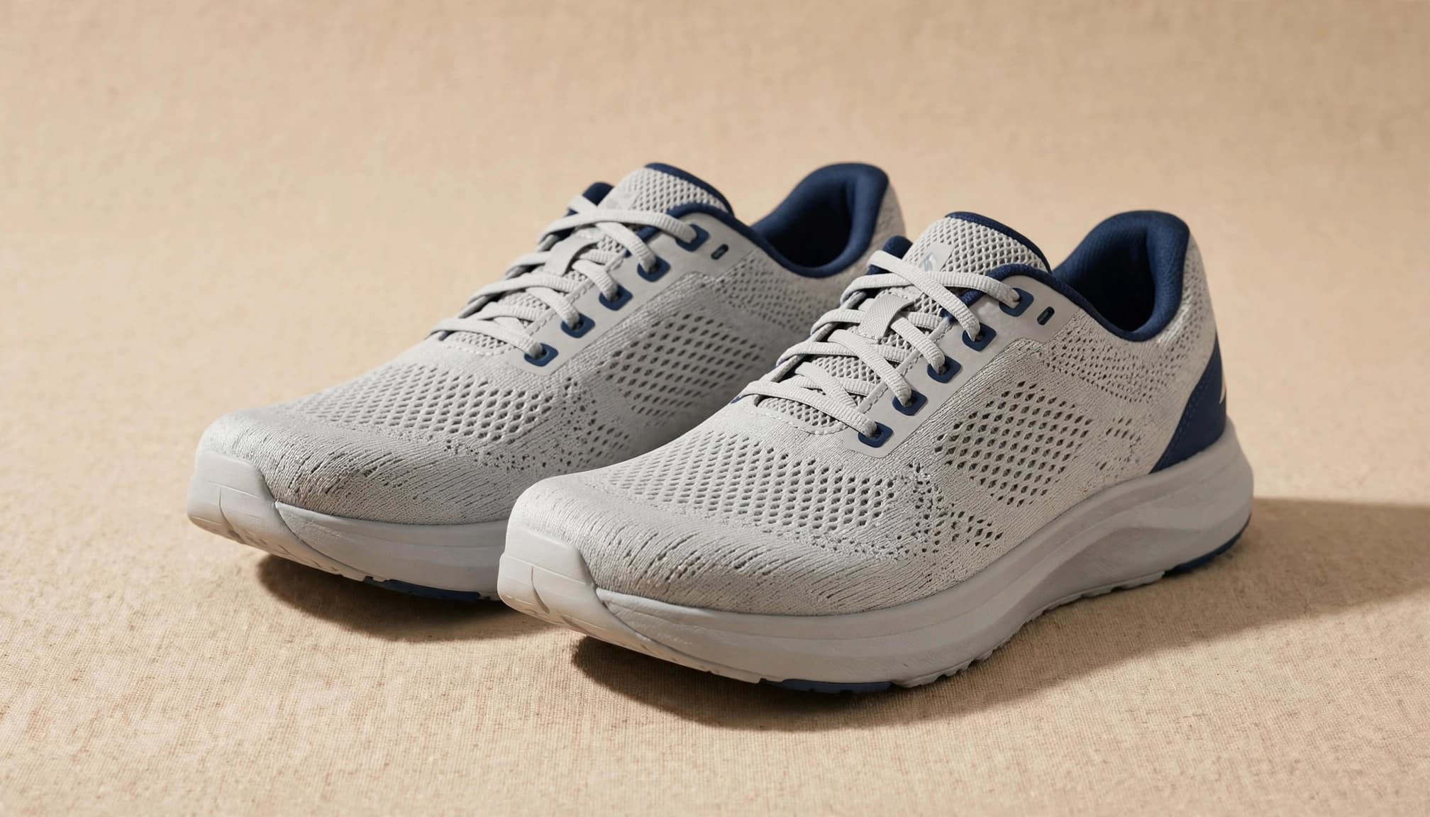 Light gray walking shoes with rounded toe boxes and navy details.