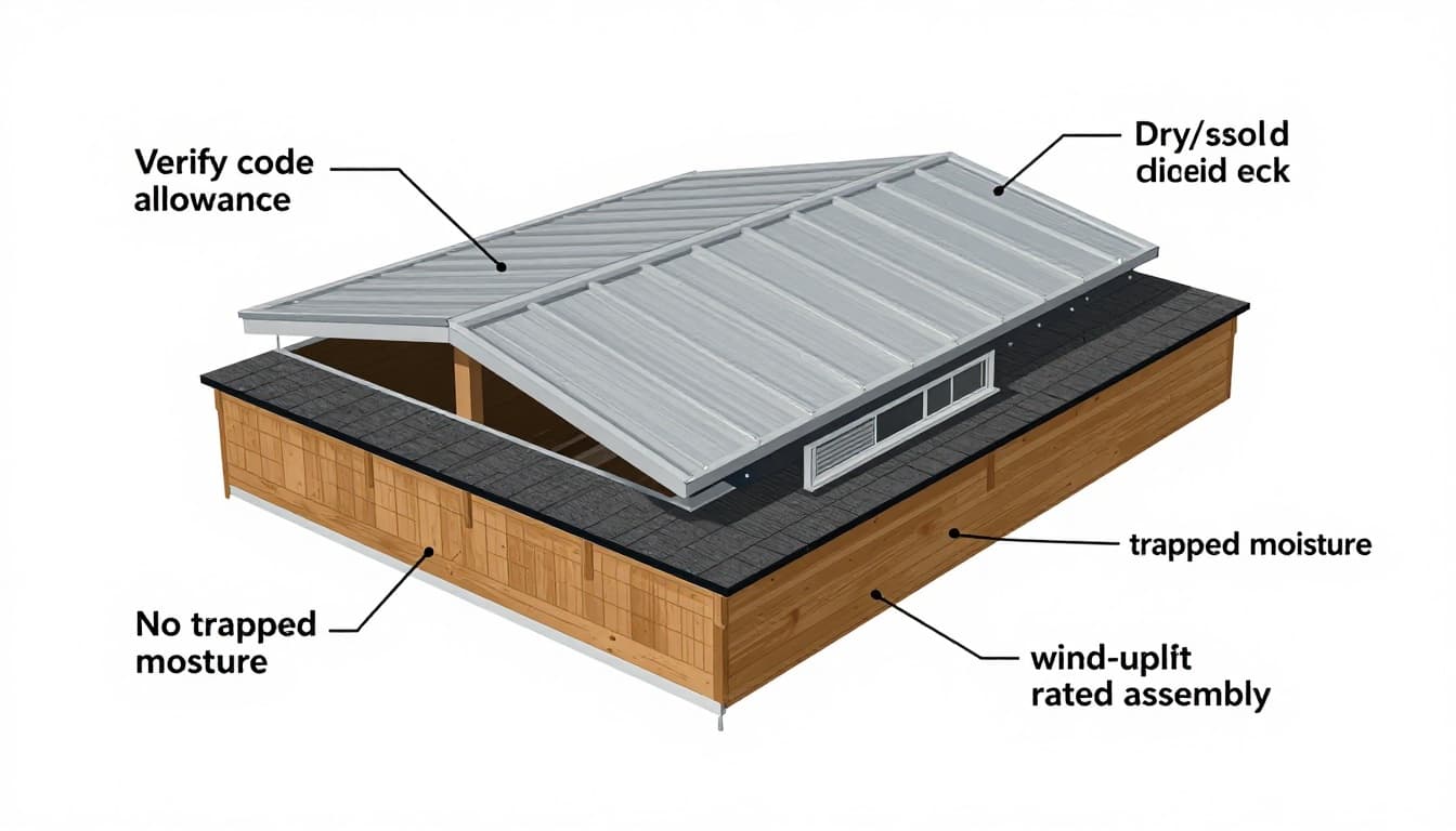 Clean vector infographic illustrating a code-compliant cross-section of a metal roof retrofit over asphalt shingles, featuring solid deck, underlayment, furring strips, standing seam panels, ventilation paths, and key callouts.