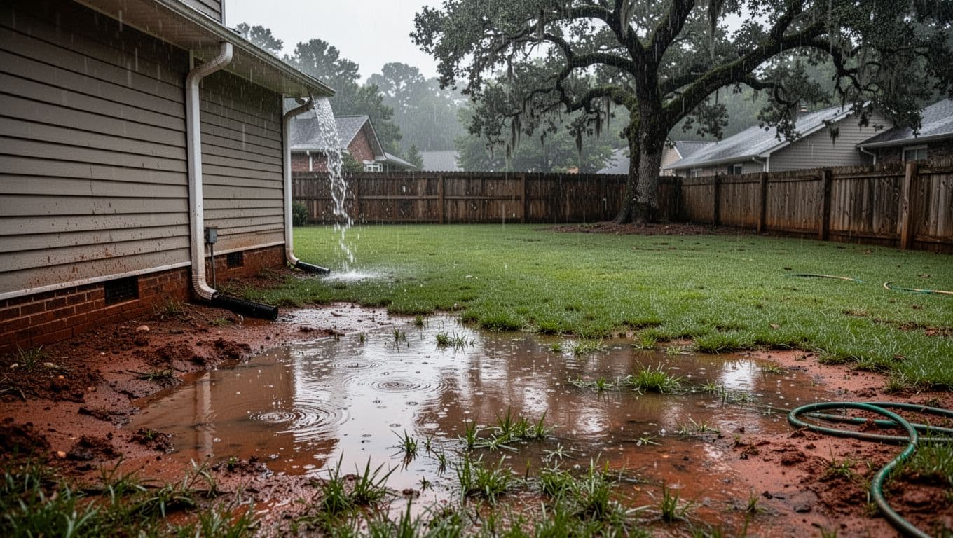 Realistic suburban Atlanta backyard after heavy rain shows soggy lawn with standing water puddles near the house foundation, exposed red clay soil, matted Bermuda grass, overflowing downspout, wooden fence, oak trees, and moody overcast sky.