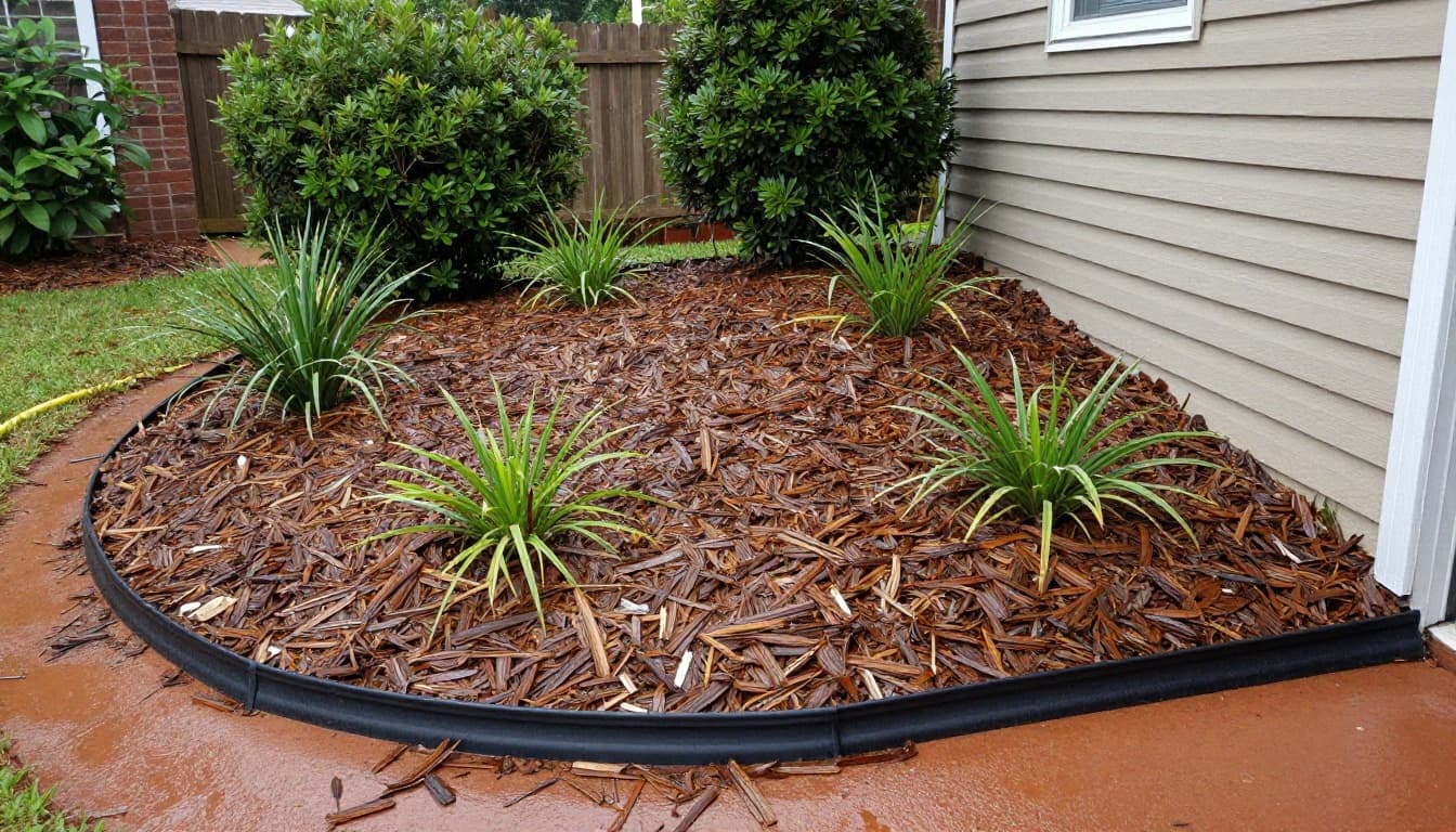 Realistic landscape photo of a well-maintained Atlanta backyard mulch bed on a gentle slope, featuring even 3-inch deep pine bark mulch, plastic landscape edging, mulch rings around plant bases, visible Georgia red clay soil, a garden hose for scale, lush green shrubs, and sunny afternoon light after recent heavy rain with no erosion.