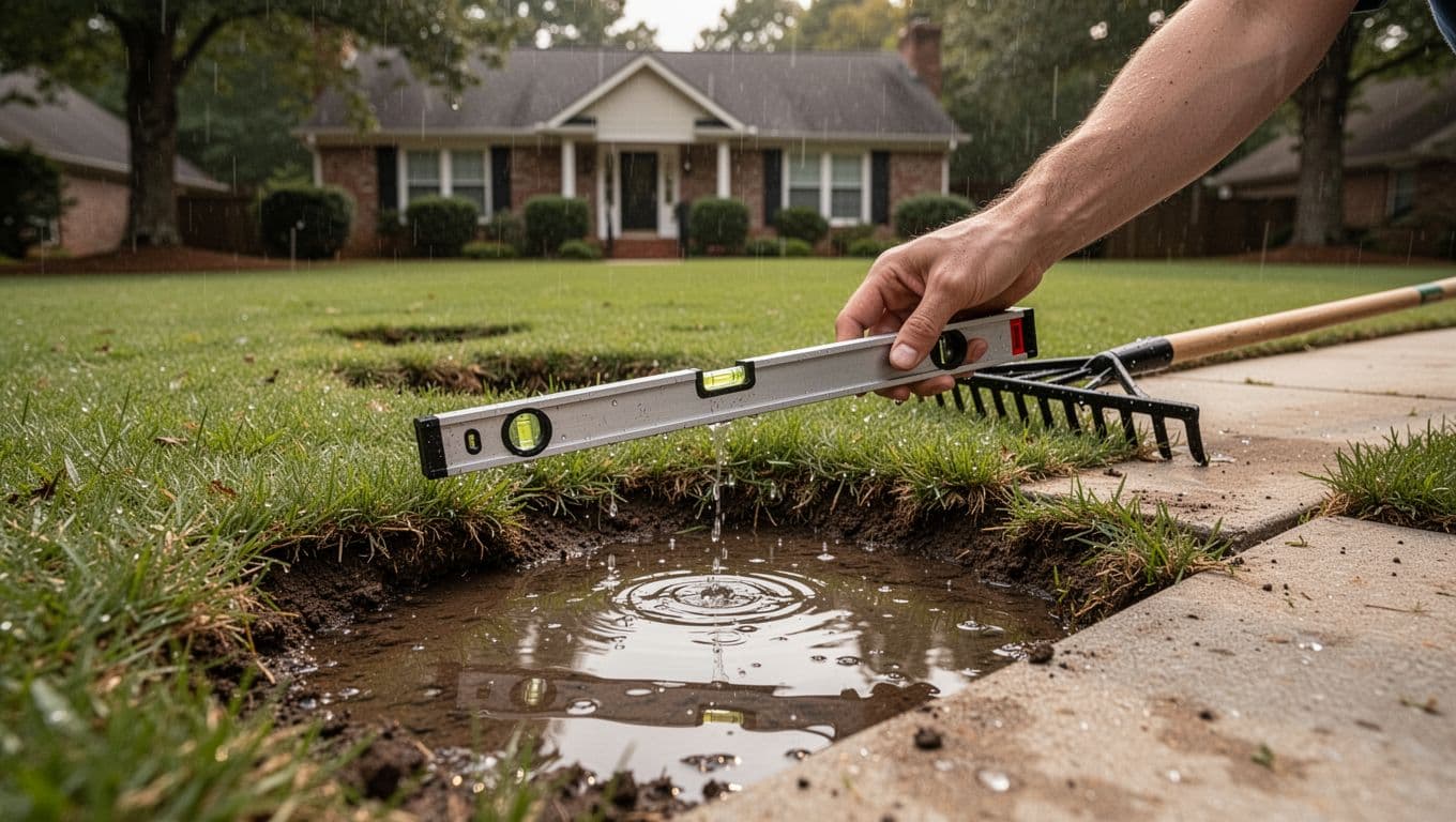Photorealistic instructional image of a slightly uneven Bermuda lawn in a suburban Atlanta yard after rain, showing water pooling in a low spot near a concrete walkway. A hand holds a bubble level pointing to the dip with a rake nearby on the grass.