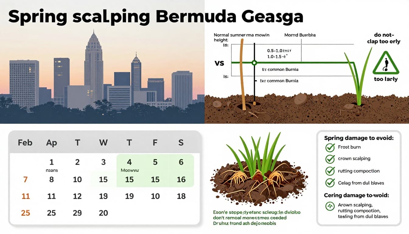 Clean educational infographic for Atlanta homeowners on spring scalping Bermuda grass, including timing cues like soil temps 55-65°F, mower height diagrams for hybrid and common varieties, checklist, and spring damage warnings.