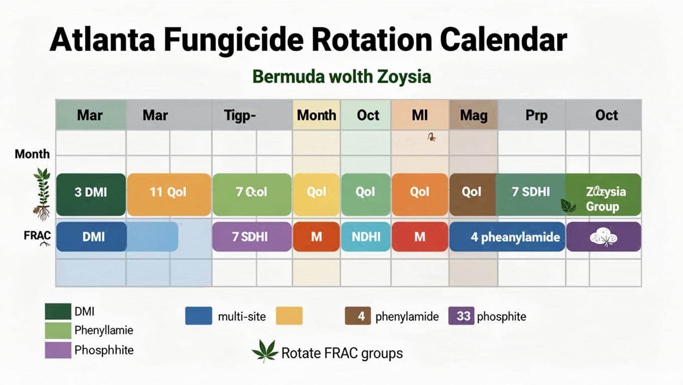 Month-by-month timeline from March to October for fungicide rotation on Bermuda and Zoysia grasses in Atlanta, featuring color-coded blocks by FRAC groups including DMI, QoI, SDHI, and others, with a legend noting to rotate FRAC groups. Clean infographic style with natural colors and readable labels.
