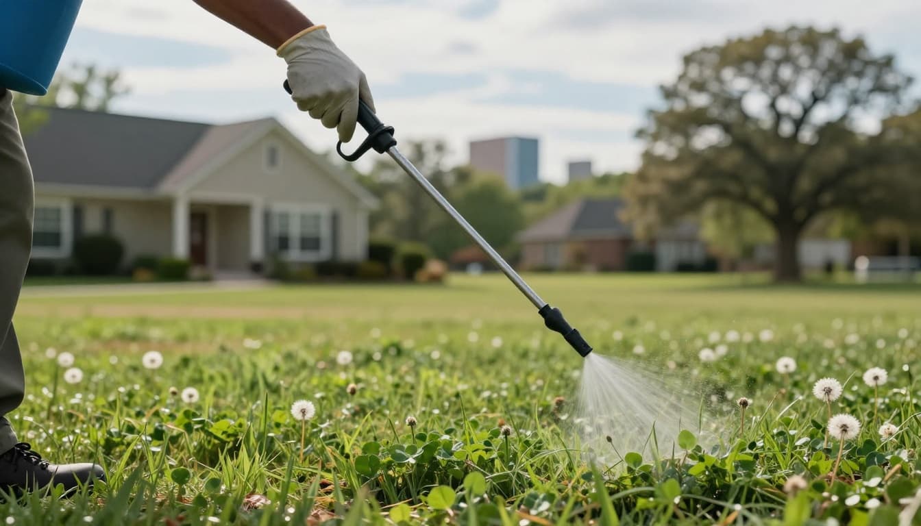 A homeowner in suburban Atlanta spot-sprays broadleaf weeds like dandelions and clover in a healthy Bermuda grass lawn using a handheld pump sprayer, wearing gloves and long sleeves for safety. Lush green turf foreground features a single-family home, oak trees, and distant skyline under partly cloudy skies with warm sunlight.