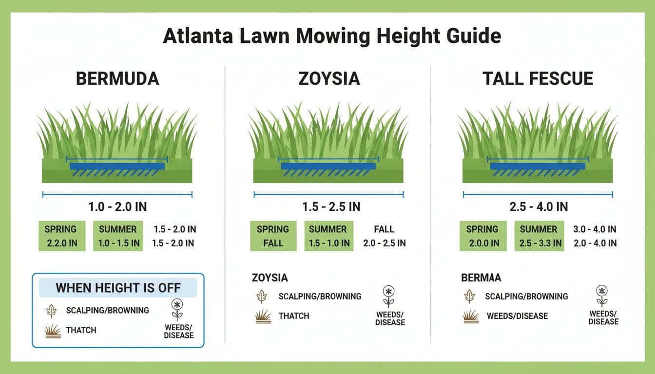 Print-ready infographic with side-by-side panels for Bermuda, Zoysia, and Tall Fescue grasses showing ideal mowing heights via lawn cross-sections, seasonal adjustments for Spring, Summer, Fall, and symptoms of incorrect heights with icons in modern flat vector style.