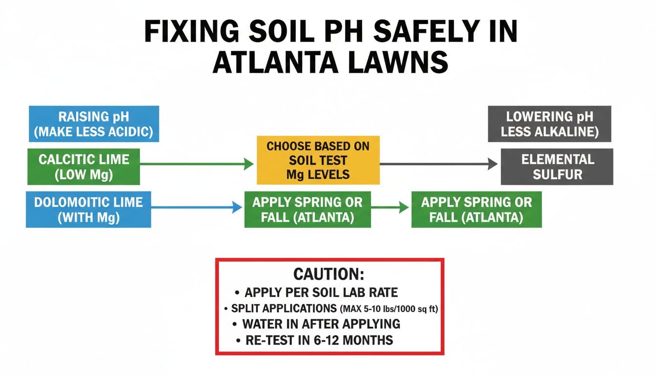 Modern flat-vector infographic guiding safe soil pH correction for Atlanta lawns, comparing calcitic vs dolomitic lime for raising pH and elemental sulfur for lowering, with seasonal timing and application cautions.