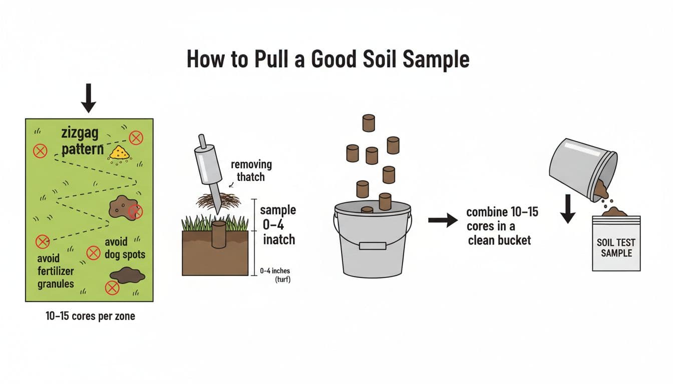 Modern flat-vector infographic illustrating soil sampling for Atlanta lawns: divide into zones, zigzag pattern with soil probe for 10-15 cores at 0-4 inches depth, remove thatch, combine in bucket, avoid fertilizer, dog spots, wet areas.
