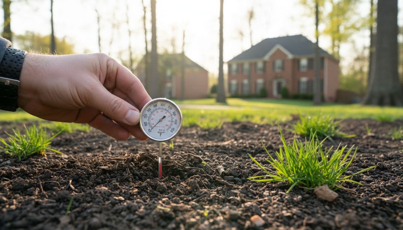 A homeowner in Atlanta uses a thermometer inserted 2 inches into moist lawn soil on a sunny spring morning, reading around 52°F with emerging green grass in a suburban yard.