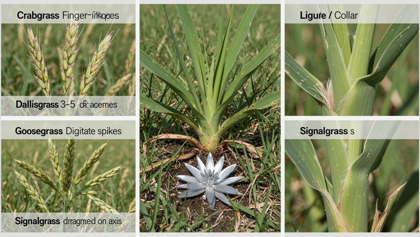 Ultra-clear macro comparison panels of seedheads, crowns/bases, and ligule regions for crabgrass, dallisgrass, goosegrass, and signalgrass, designed for Atlanta lawn weed identification guide.