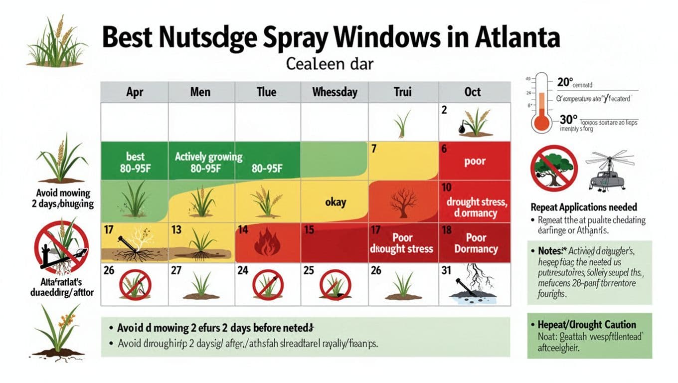 Clean vector infographic calendar for optimal nutsedge spray windows in Atlanta from April to October, featuring color-coded zones (green for best 80-95F growth, yellow okay, red poor due to drought), mowing avoidance icons, repeat application notes, and heat cautions on white background.