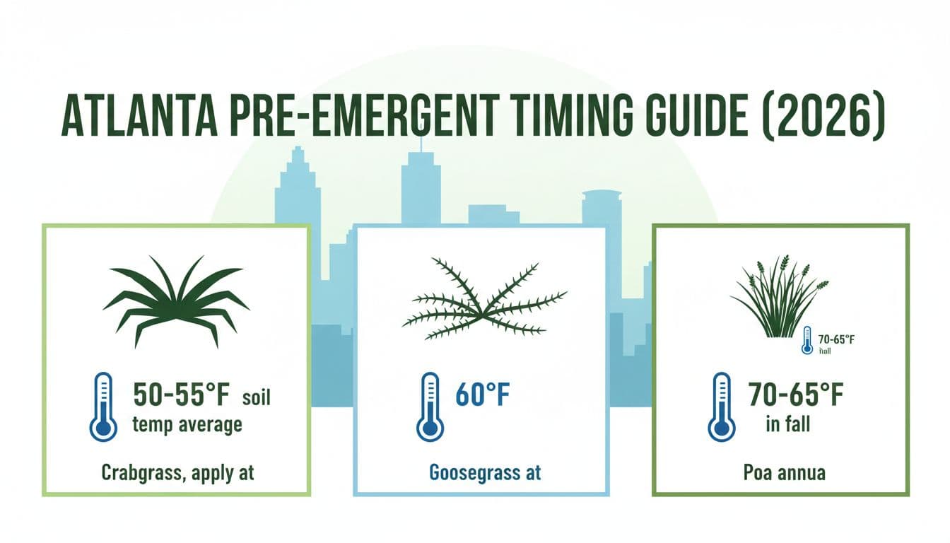 Clean printable infographic with panels showing soil temperature timings for pre-emergent applications against crabgrass (50-55°F), goosegrass (60°F), and poa annua (65-70°F in fall), featuring simple icons and subtle Atlanta skyline background.