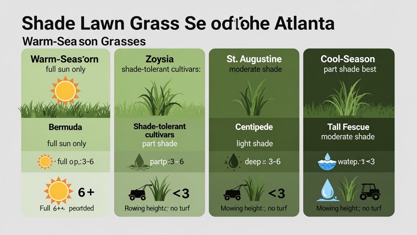 Modern flat infographic comparing warm-season grasses (Bermuda, Zoysia, Centipede, St. Augustine) and cool-season Tall Fescue for shade in Atlanta yards, with icons for sun hours, mowing heights, and water needs using green gradients.