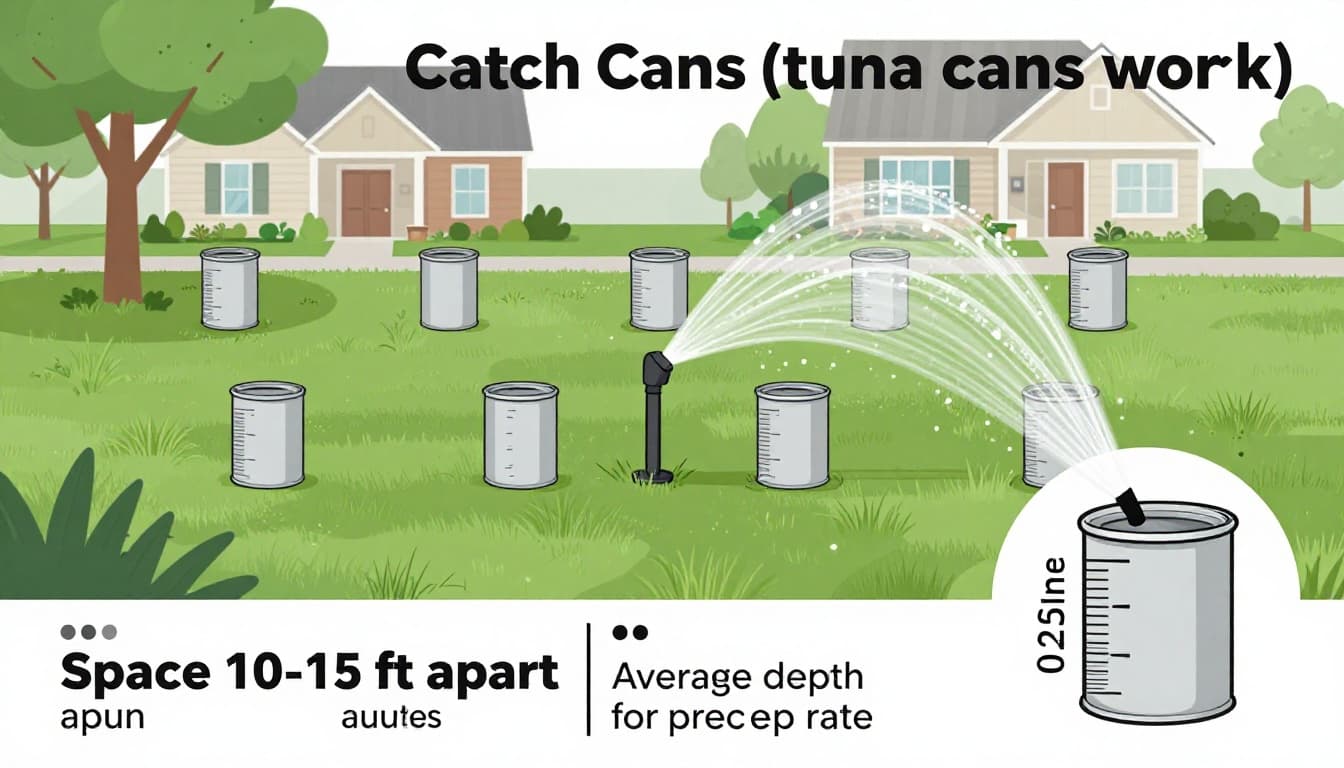 Modern flat vector illustration of a suburban Atlanta front yard lawn with Bermuda grass, featuring one pop-up sprinkler head spraying water and 12 catch cans in a 4x3 grid spaced 10-15 feet apart. Includes foreground inset measuring 0.25 inches water depth with a ruler, simple house and trees in background, and legible labels for instructional sprinkler audit guide.