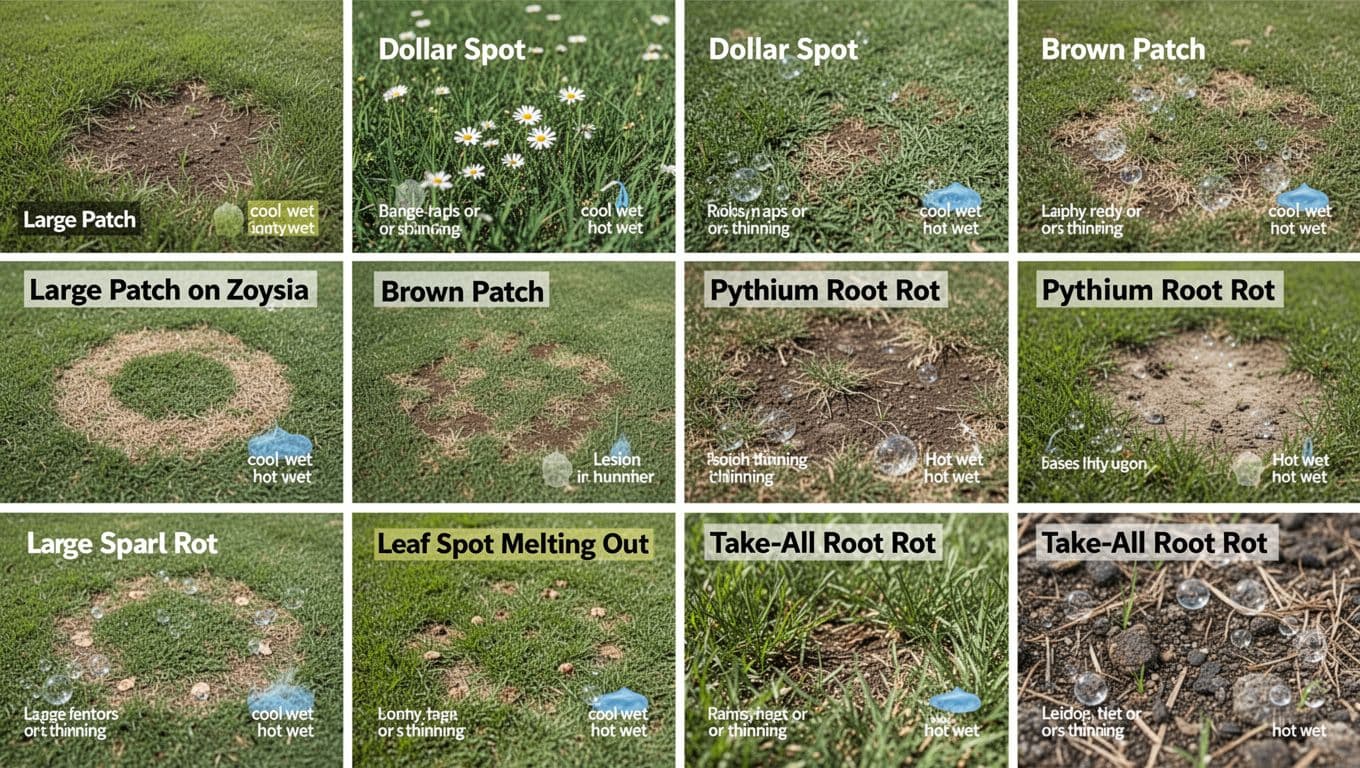 Clean realistic infographic in a 2x3 grid showing close-up lawn patches of six common warm-season turf diseases in Atlanta: Large Patch on Zoysia, Dollar Spot, Brown Patch, Pythium Root Rot, Leaf Spot Melting Out, Take-All Root Rot, with symptoms like rings, lesions, thinning, and notes on cool wet or hot wet conditions.