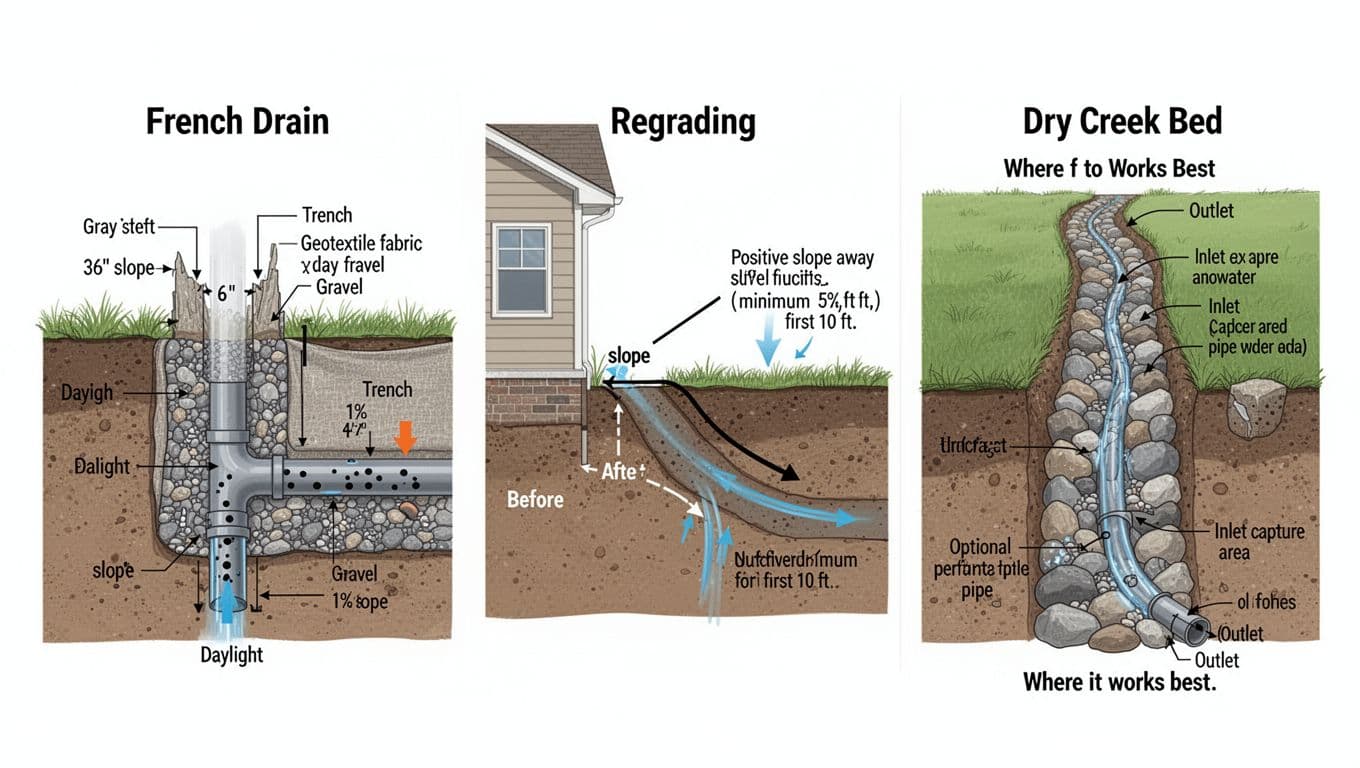 Educational diagram with three side-by-side panels comparing French drain, regrading, and dry creek bed solutions for soggy lawns in Atlanta suburban homes. Features detailed cross-sections, labels, precise measurements, and infographic style with neutral colors on white background.
