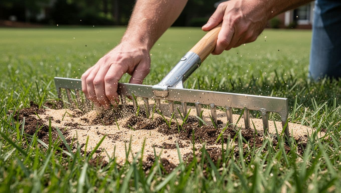 Close-up low-angle view of hands using a lawn leveling rake to spread a thin layer of sandy topdressing mix over dense Zoysia grass blades in a suburban Atlanta yard, with individual sand particles settling lightly and grass blades remaining visible.