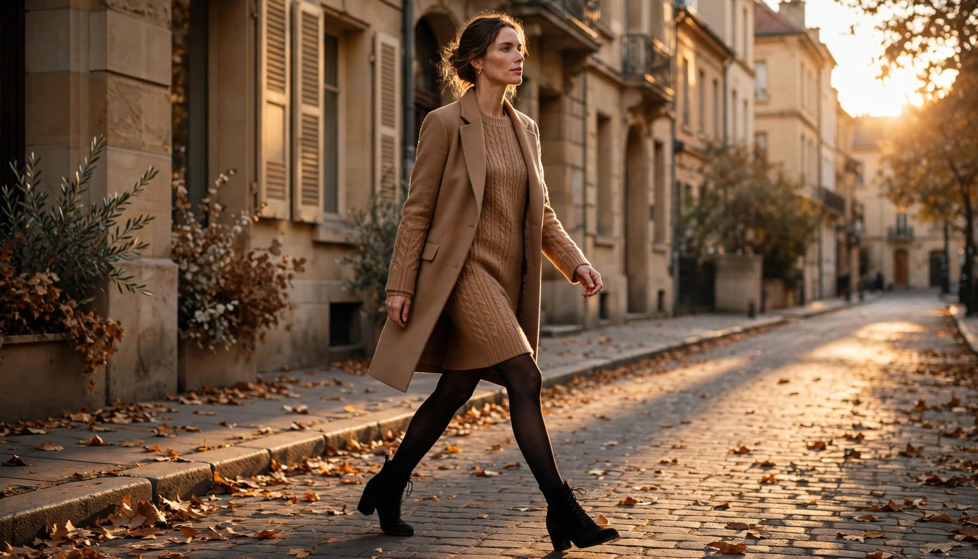 Woman in black tights and a camel sweater dress walks through a sunlit autumn city.