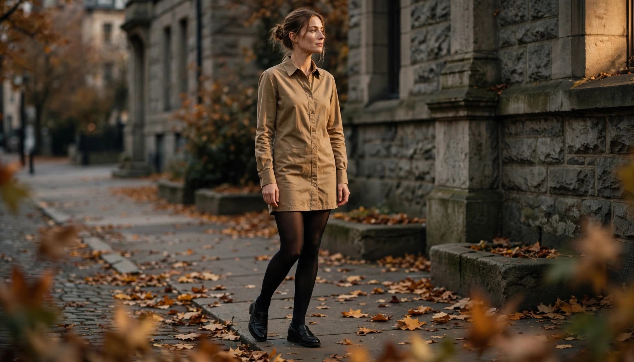 A woman in a tan mini dress and black tights pauses on a leaf-strewn sidewalk.