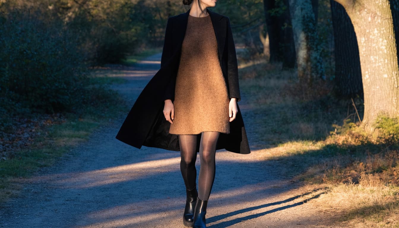 A woman in black tights and a tan dress walks along a leafy park path.