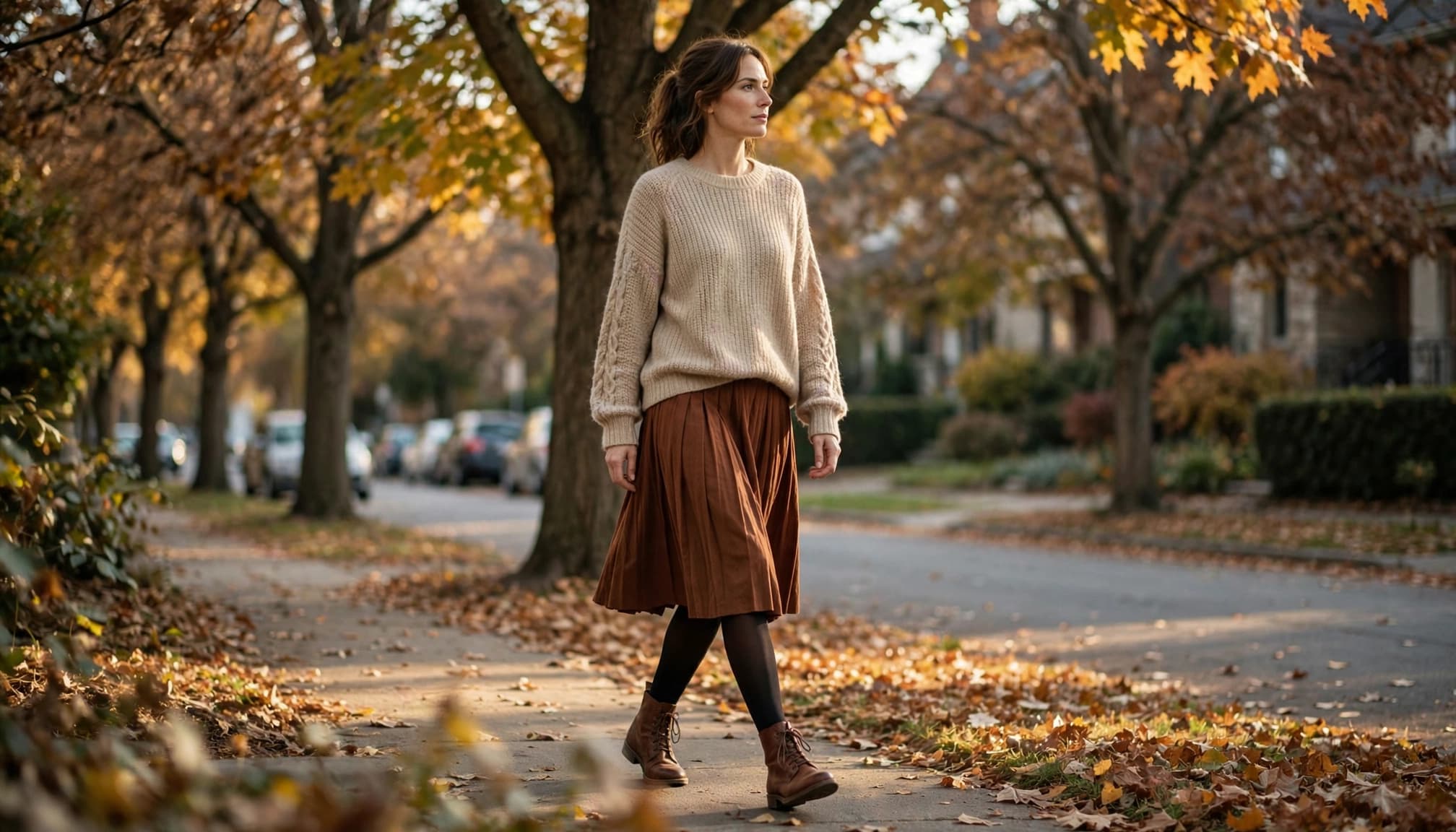 A woman in a pleated skirt, black tights, and ankle boots walks along an autumn sidewalk.