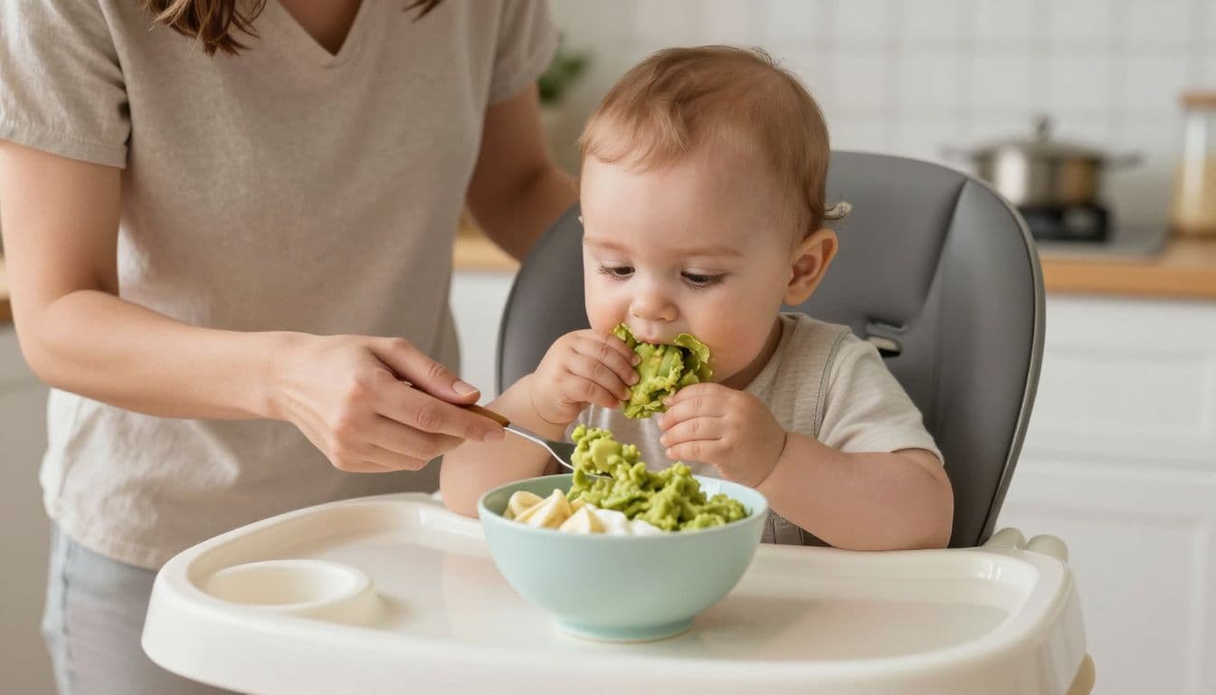 Baby in a high chair eating avocado, yogurt, and banana with a caregiver nearby.
