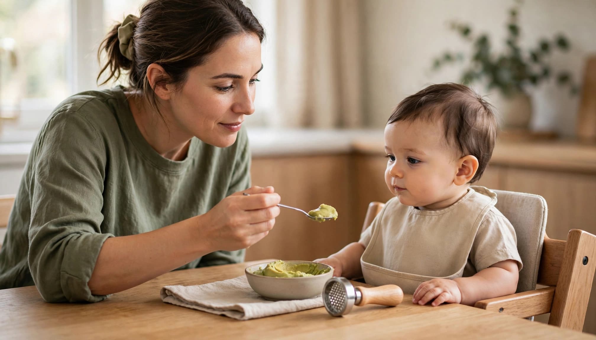 Mother offers a baby mashed avocado at a kitchen table.