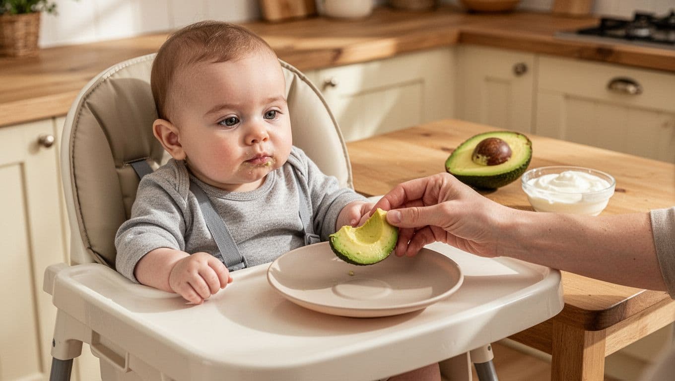 Baby in a high chair being offered soft avocado beside yogurt and a suction plate.