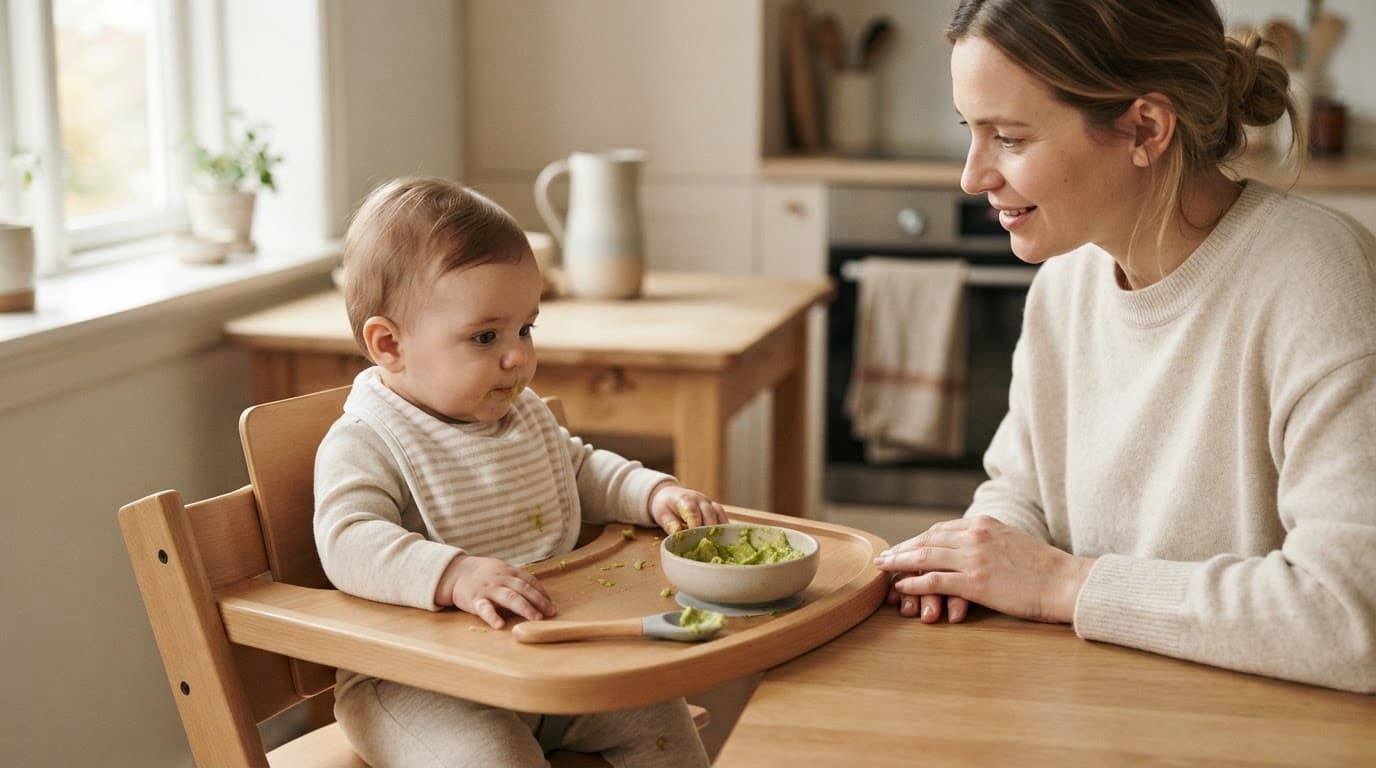 Mother and baby share a calm first meal with mashed avocado at a kitchen table.