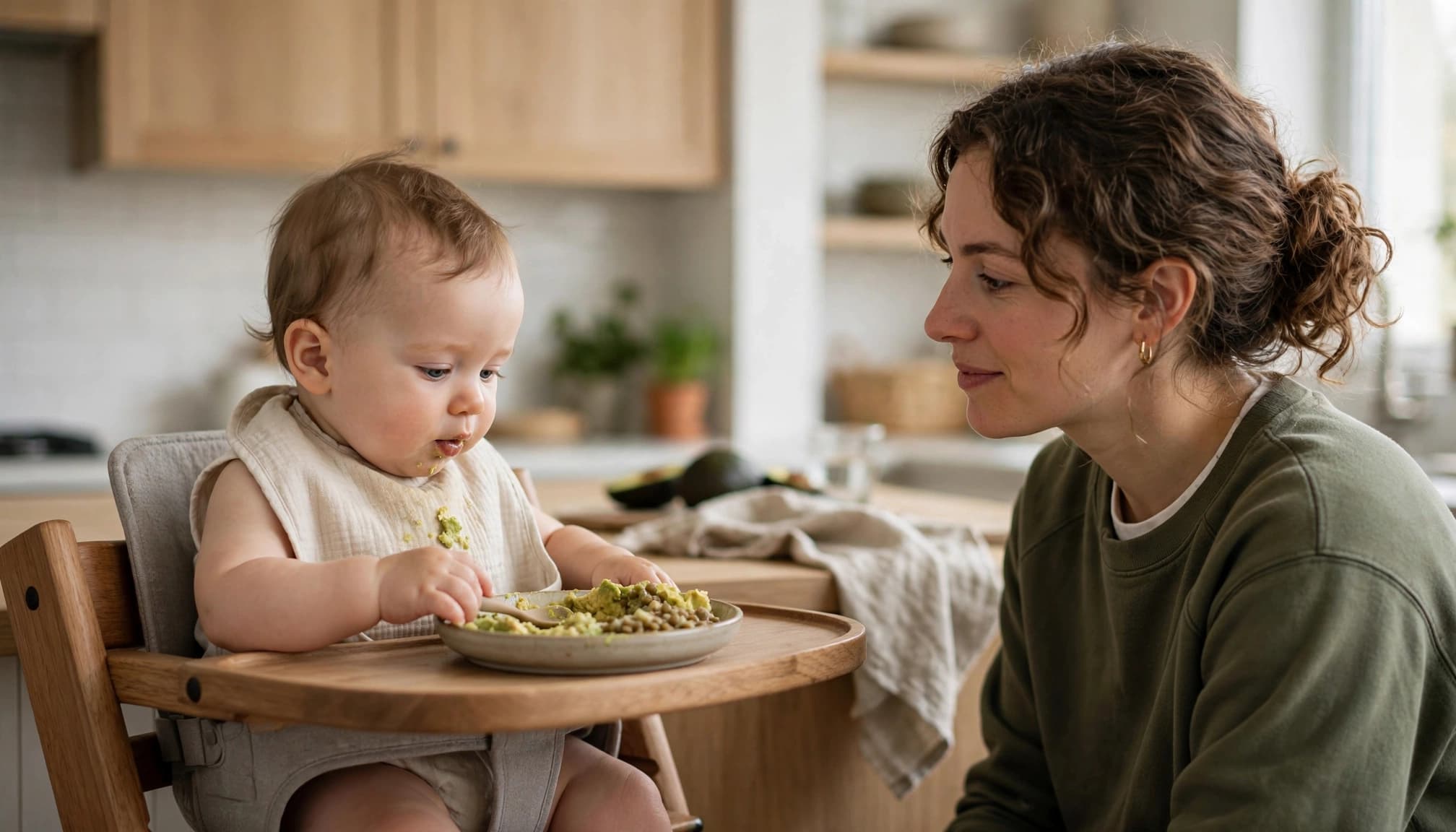 A baby eats mashed avocado and lentils while a caregiver supervises.