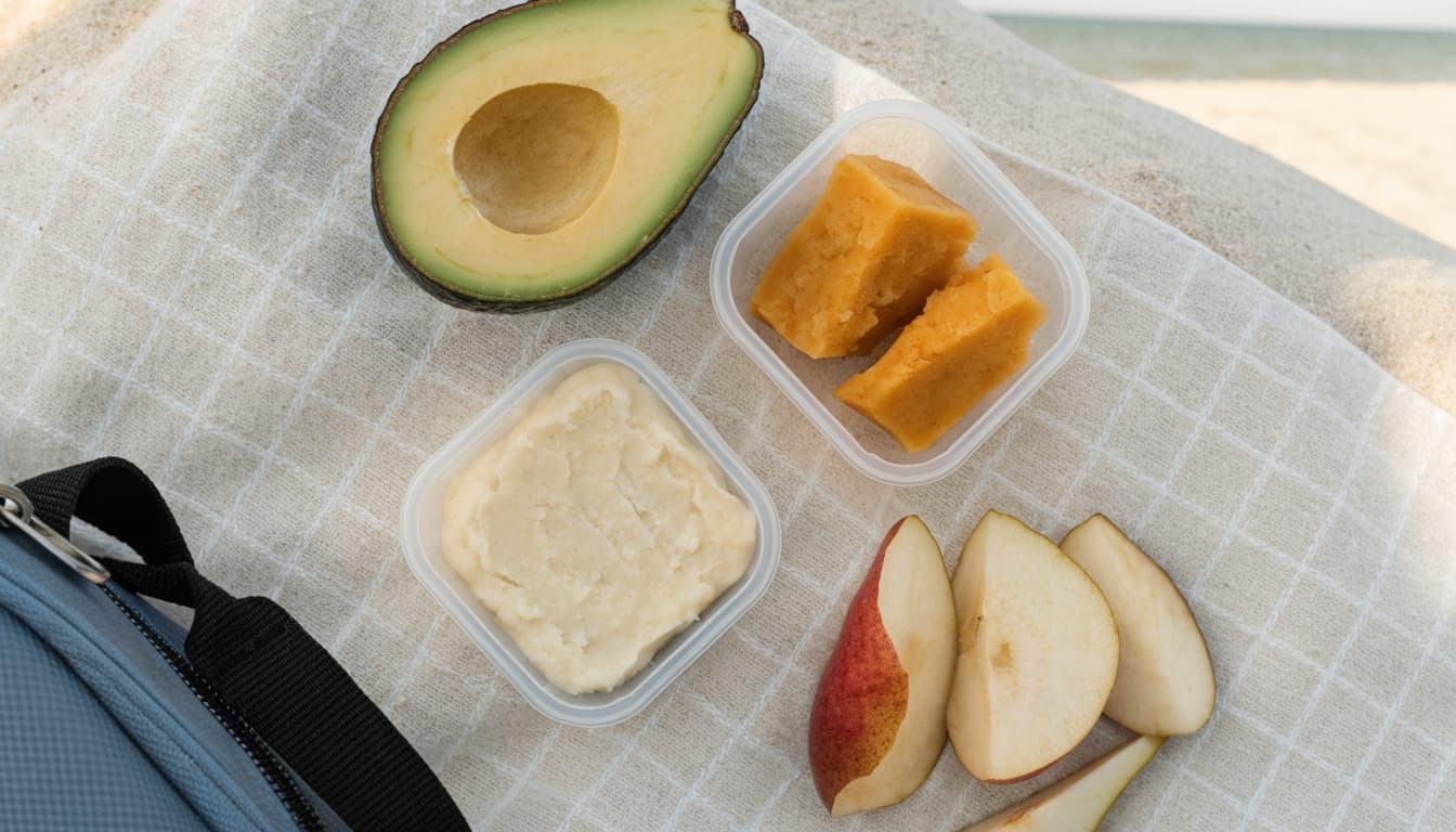 Soft baby foods in separate containers on a beach blanket beside a cooler bag.