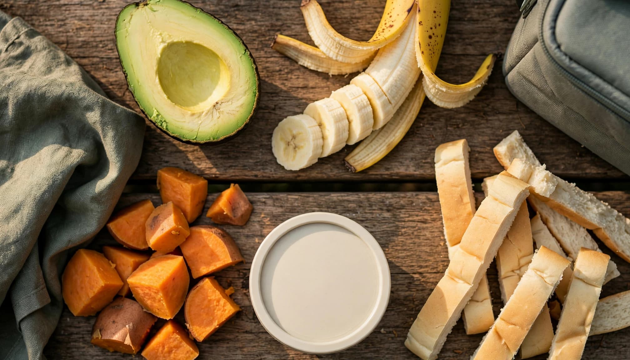 Soft baby foods arranged on a picnic table beside a folded cloth and small cooler.