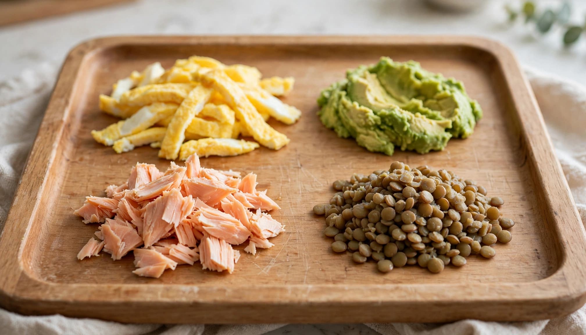 Soft egg, avocado, salmon, and lentils arranged on a wooden high-chair tray.
