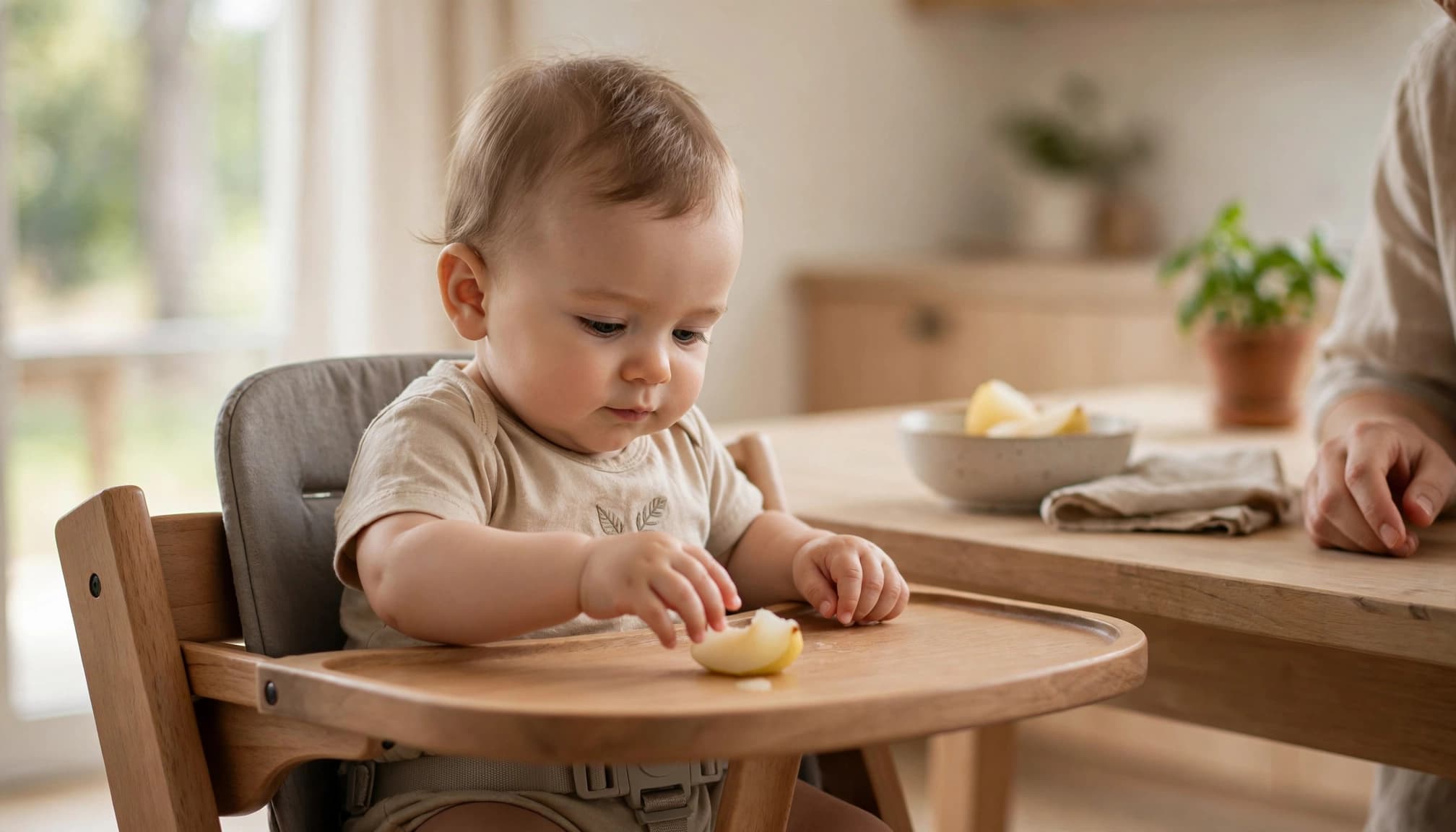 A baby sitting in a high chair, looking at a piece of pear on the tray.