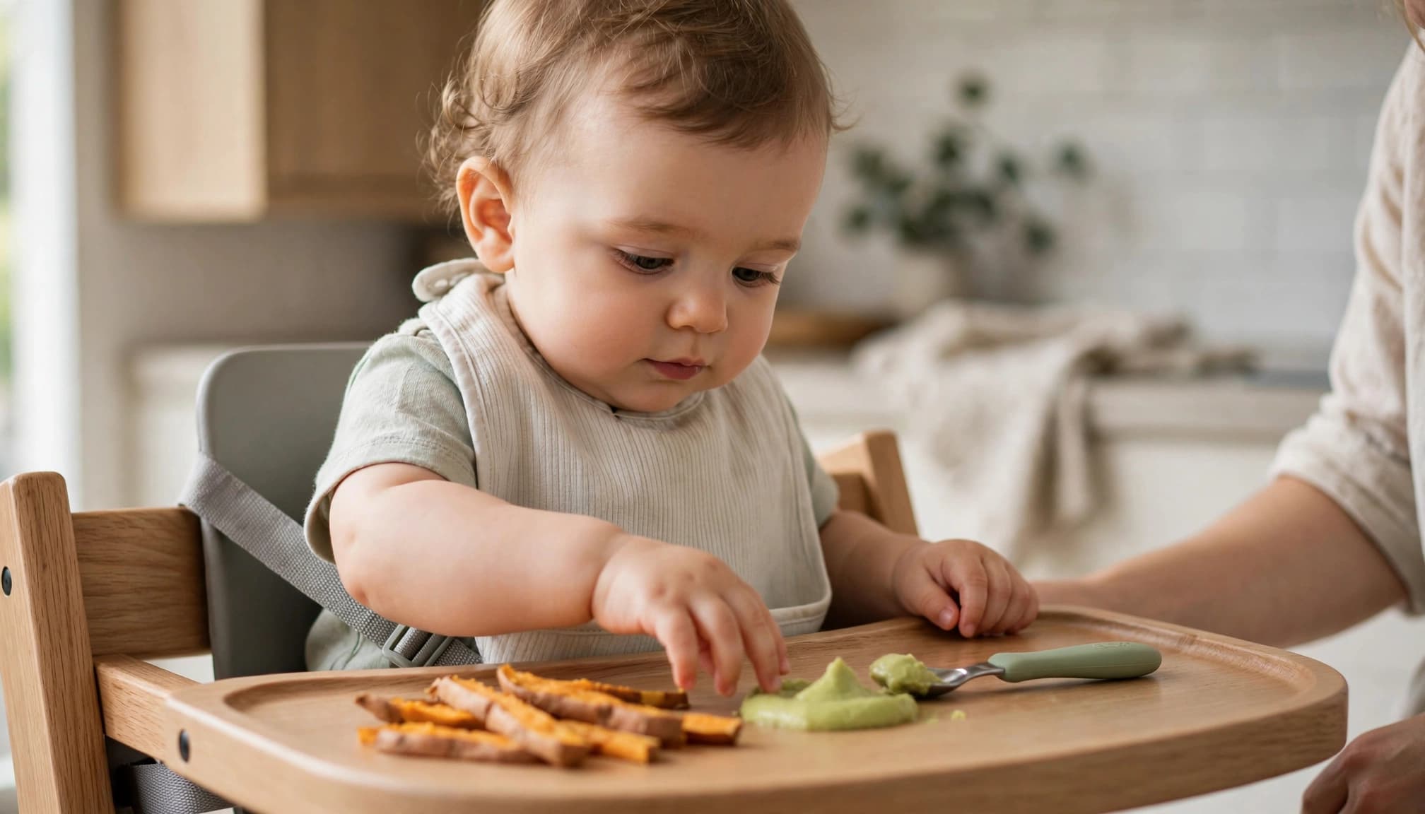 Baby in a high chair exploring sweet potato and avocado puree.